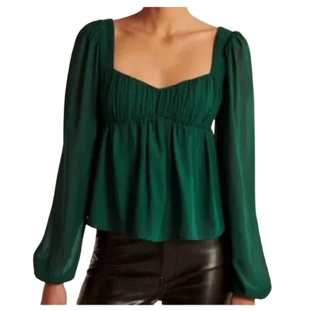Abercrombie & Fitch Puff Sleeve Semi Sheer Top S Emerald Green Milkmaid Smocked